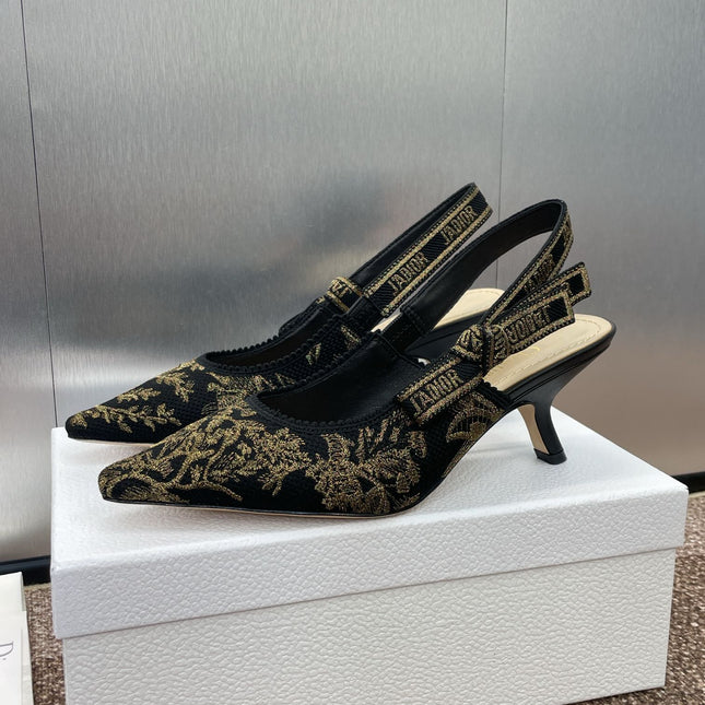 J'ADIOR HIGH SLINGBACK PUMP BLACK AND GOLD-TONE MILLEFIORI JACQUARD 65 MM