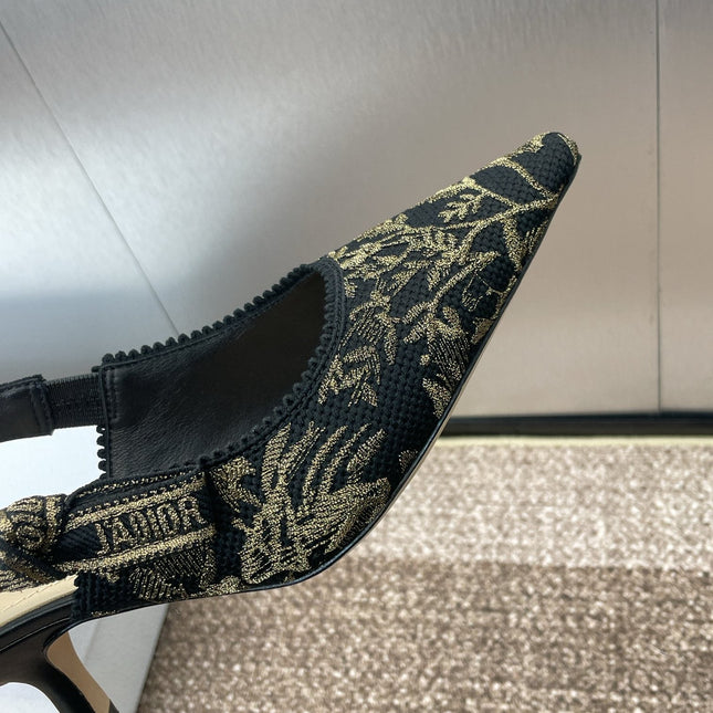 J'ADIOR HIGH SLINGBACK PUMP BLACK AND GOLD-TONE MILLEFIORI JACQUARD 65 MM