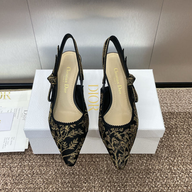 J'ADIOR HIGH SLINGBACK PUMP BLACK AND GOLD-TONE MILLEFIORI JACQUARD 65 MM