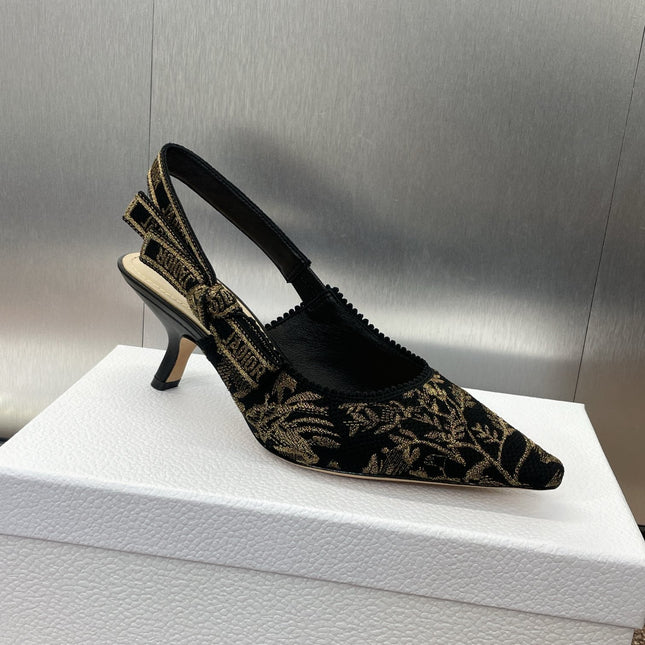 J'ADIOR HIGH SLINGBACK PUMP BLACK AND GOLD-TONE MILLEFIORI JACQUARD 65 MM
