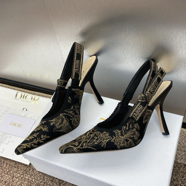 J'ADIOR HIGH SLINGBACK PUMP BLACK AND GOLD-TONE MILLEFIORI JACQUARD 95 MM