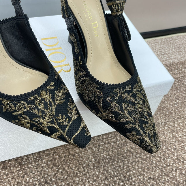 J'ADIOR HIGH SLINGBACK PUMP BLACK AND GOLD-TONE MILLEFIORI JACQUARD 95 MM