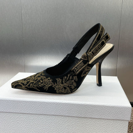 J'ADIOR HIGH SLINGBACK PUMP BLACK AND GOLD-TONE MILLEFIORI JACQUARD 95 MM