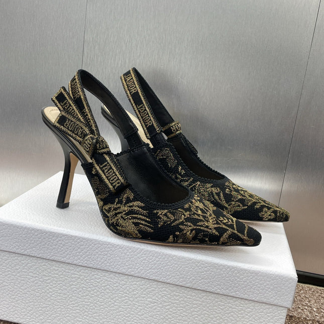 J'ADIOR HIGH SLINGBACK PUMP BLACK AND GOLD-TONE MILLEFIORI JACQUARD 95 MM