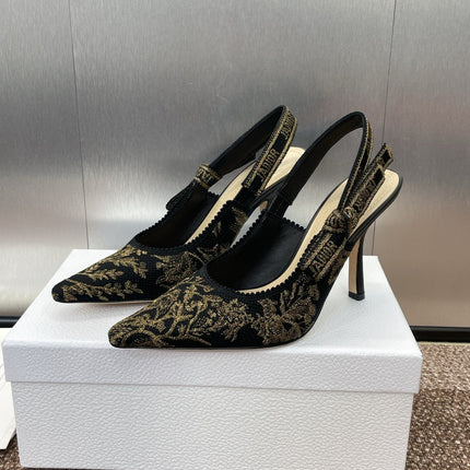 J'ADIOR HIGH SLINGBACK PUMP BLACK AND GOLD-TONE MILLEFIORI JACQUARD 95 MM