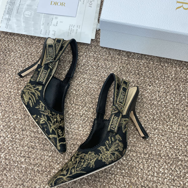 J'ADIOR HIGH SLINGBACK PUMP BLACK AND GOLD-TONE MILLEFIORI JACQUARD 95 MM
