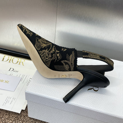 J'ADIOR HIGH SLINGBACK PUMP BLACK AND GOLD-TONE MILLEFIORI JACQUARD 95 MM