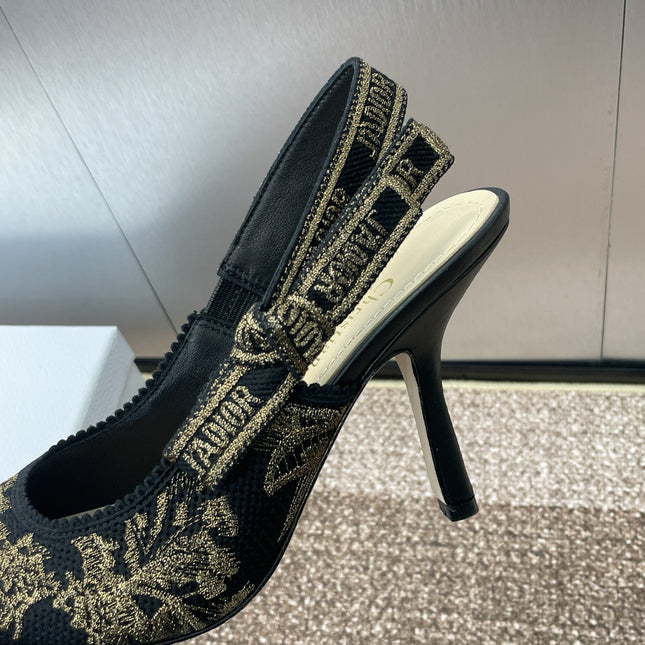 J'ADIOR HIGH SLINGBACK PUMP BLACK AND GOLD-TONE MILLEFIORI JACQUARD 95 MM
