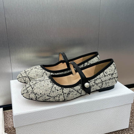 D-RAMOUR BALLET FLATS IN WHITE MIX BLACK EMBROIDERED CANNAGE TWEED