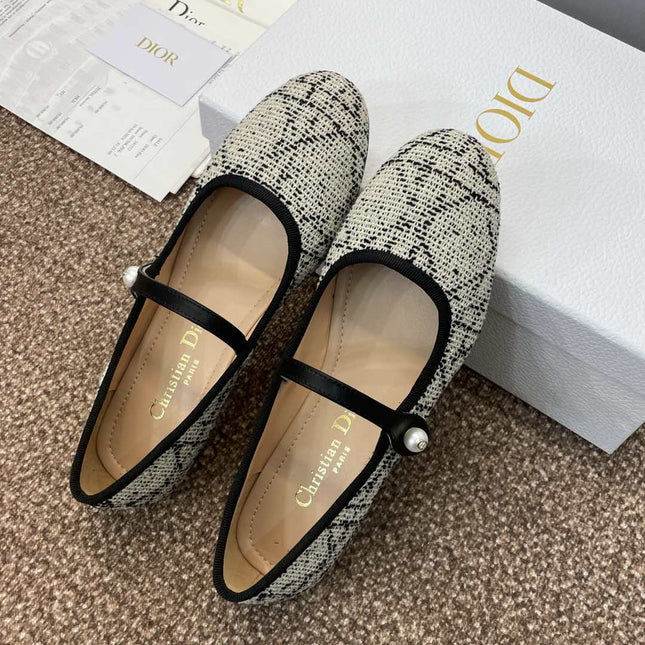 D-RAMOUR BALLET FLATS IN WHITE MIX BLACK EMBROIDERED CANNAGE TWEED
