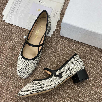 D-RAMOUR BALLET FLATS IN WHITE MIX BLACK EMBROIDERED CANNAGE TWEED 35 MM