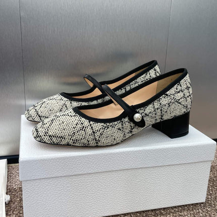 D-RAMOUR BALLET FLATS IN WHITE MIX BLACK EMBROIDERED CANNAGE TWEED 35 MM