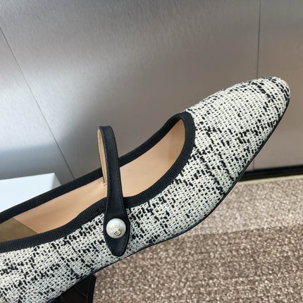 D-RAMOUR BALLET FLATS IN WHITE MIX BLACK EMBROIDERED CANNAGE TWEED 35 MM