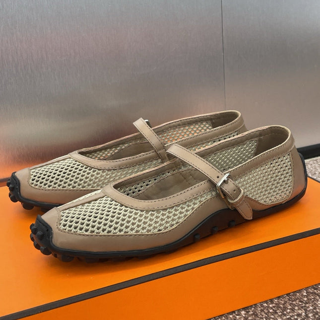 KICHU BALLET FLAT IN MOCHA BROWN CROCHET KNIT AND CALFSKIN