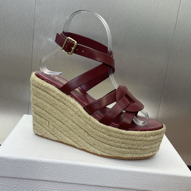 D-CLUB 25S HIGH HEEL WEDGE 100MM IN BURGUNDY RED CALFSKIN RAFFIA SOLE