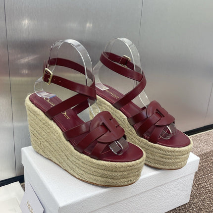 D-CLUB 25S HIGH HEEL WEDGE 100MM IN BURGUNDY RED CALFSKIN RAFFIA SOLE