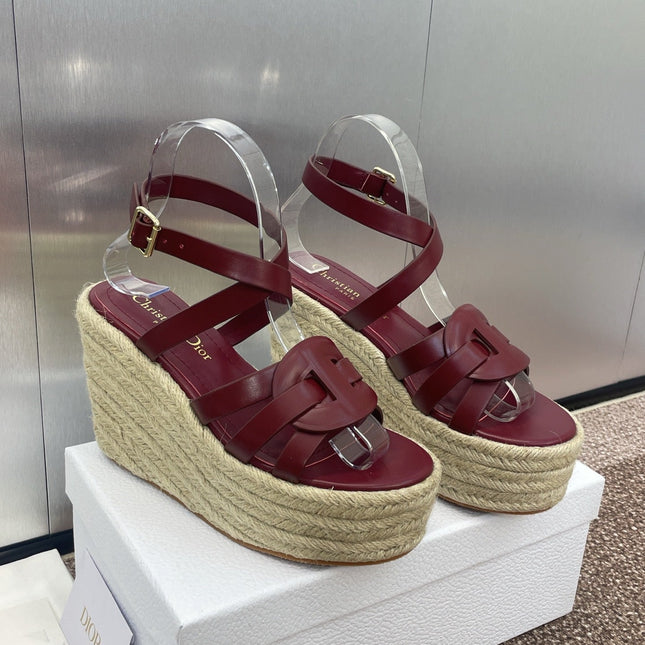 D-CLUB 25S HIGH HEEL WEDGE 100MM IN BURGUNDY RED CALFSKIN RAFFIA SOLE