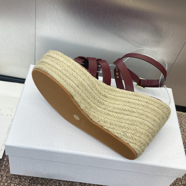 D-CLUB 25S HIGH HEEL WEDGE 100MM IN BURGUNDY RED CALFSKIN RAFFIA SOLE