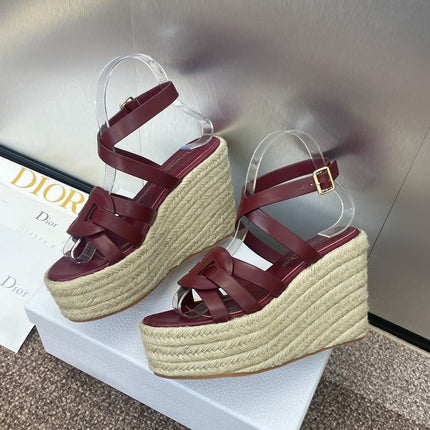 D-CLUB 25S HIGH HEEL WEDGE 100MM IN BURGUNDY RED CALFSKIN RAFFIA SOLE