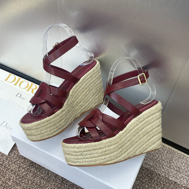 D-CLUB 25S HIGH HEEL WEDGE 100MM IN BURGUNDY RED CALFSKIN RAFFIA SOLE