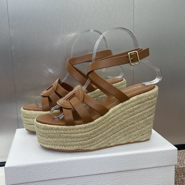 D-CLUB 25S HIGH HEEL WEDGE 100MM IN BROWN CALFSKIN RAFFIA SOLE