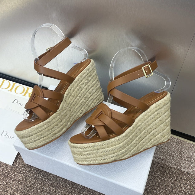 D-CLUB 25S HIGH HEEL WEDGE 100MM IN BROWN CALFSKIN RAFFIA SOLE