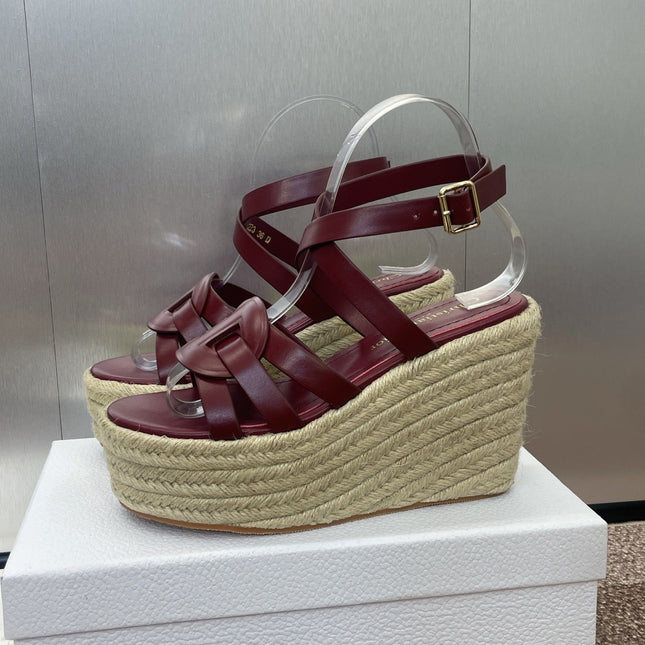 D-CLUB 25S HIGH HEEL WEDGE 100MM IN BURGUNDY RED CALFSKIN RAFFIA SOLE