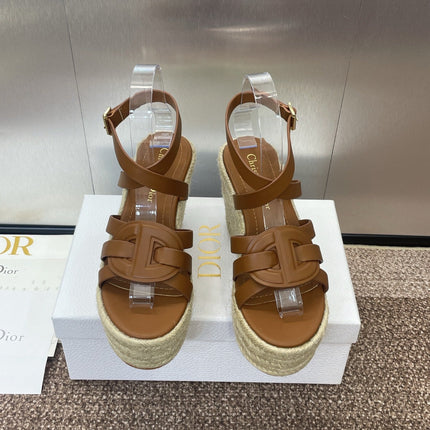 D-CLUB 25S HIGH HEEL WEDGE 100MM IN BROWN CALFSKIN RAFFIA SOLE