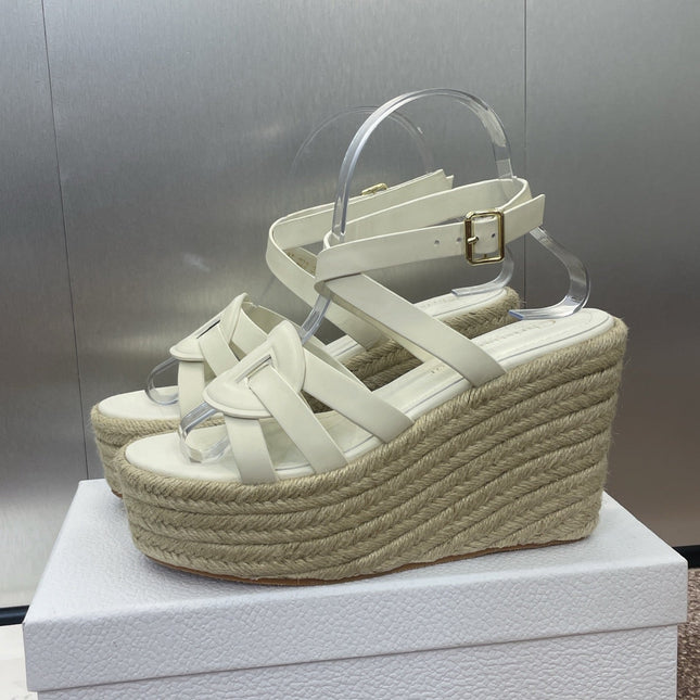 D-CLUB 25S HIGH HEEL WEDGE 100MM IN WHITE CALFSKIN RAFFIA SOLE
