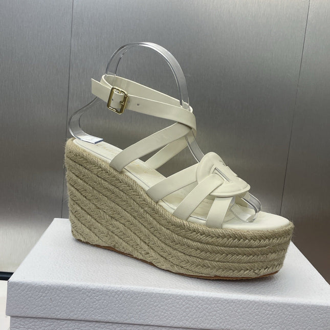 D-CLUB 25S HIGH HEEL WEDGE 100MM IN WHITE CALFSKIN RAFFIA SOLE
