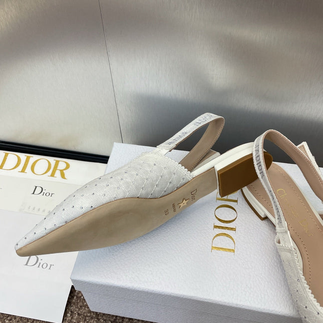 J'ADIOR SLINGBACK 25S IN WHITE FABRIC EMBOSSED CRYSTAL