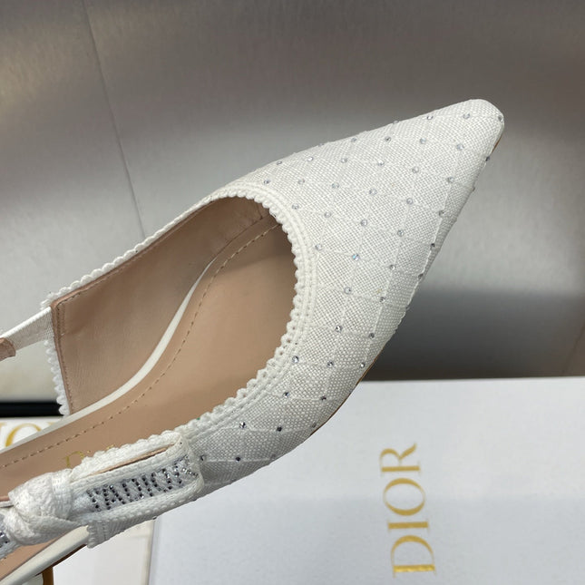 J'ADIOR SLINGBACK 25S IN WHITE FABRIC EMBOSSED CRYSTAL