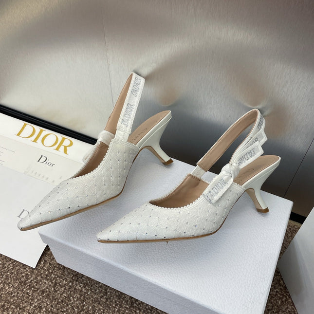 J'ADIOR SLINGBACK 25S PUMP 65MM IN WHITE FABRIC EMBOSSED CRYSTAL