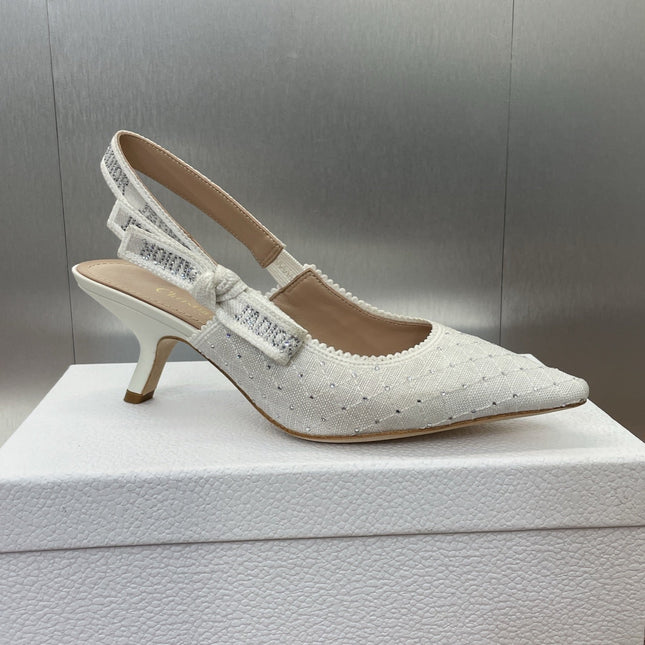 J'ADIOR SLINGBACK 25S PUMP 65MM IN WHITE FABRIC EMBOSSED CRYSTAL