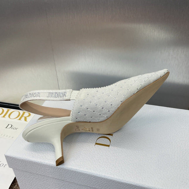 J'ADIOR SLINGBACK 25S PUMP 65MM IN WHITE FABRIC EMBOSSED CRYSTAL