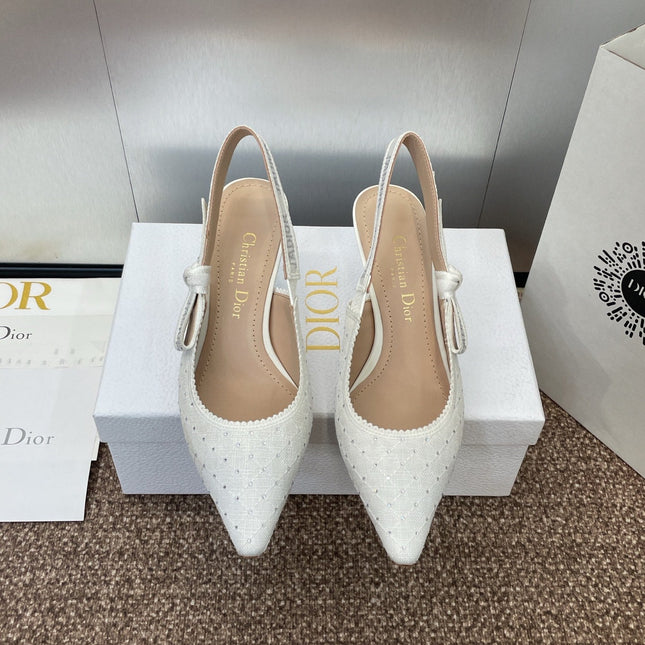 J'ADIOR SLINGBACK 25S PUMP 65MM IN WHITE FABRIC EMBOSSED CRYSTAL