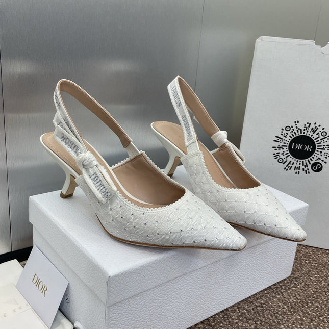 J'ADIOR SLINGBACK 25S PUMP 65MM IN WHITE FABRIC EMBOSSED CRYSTAL