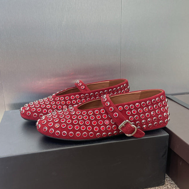 ALAIA MARY JANE FLAT 25S IN DARK RED LAMBSKIN EMBELLISHED WITH CRYSTALS