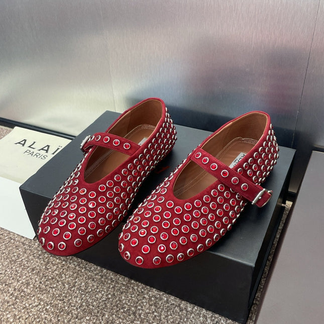 ALAIA MARY JANE FLAT 25S IN DARK RED LAMBSKIN EMBELLISHED WITH CRYSTALS