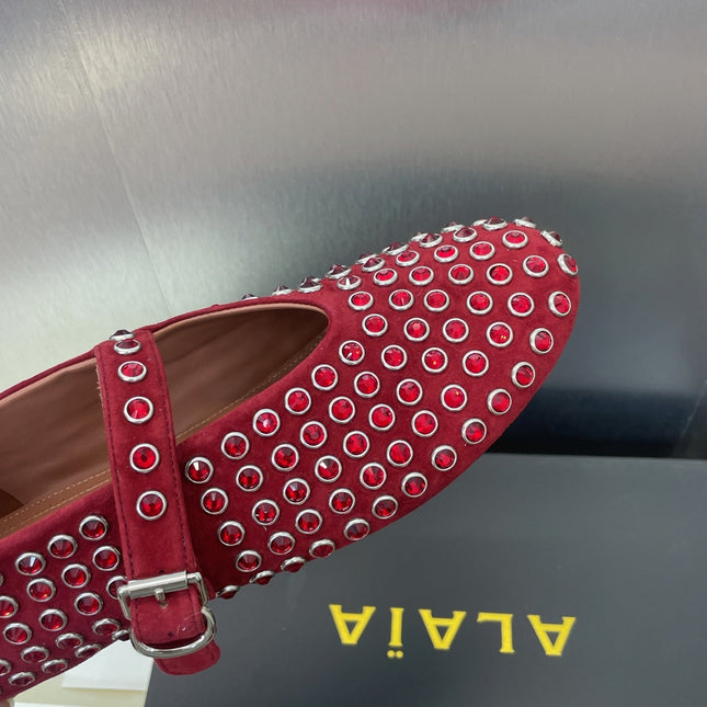 ALAIA MARY JANE FLAT 25S IN DARK RED LAMBSKIN EMBELLISHED WITH CRYSTALS