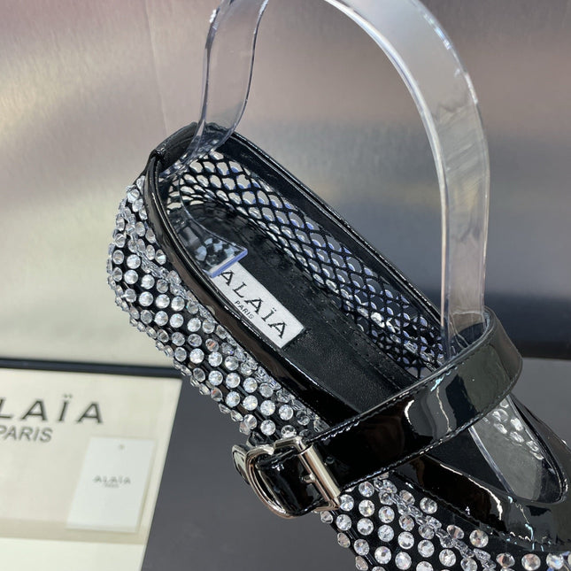 ALAIA MARY JANE FLAT 25S IN BLACK LAMBSKIN EMBELLISHED WITH CRYSTALS