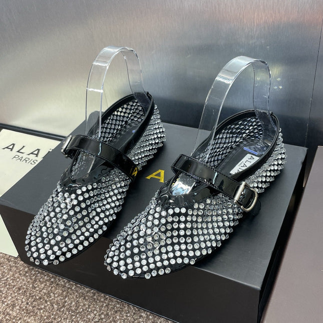 ALAIA MARY JANE FLAT 25S IN BLACK LAMBSKIN EMBELLISHED WITH CRYSTALS