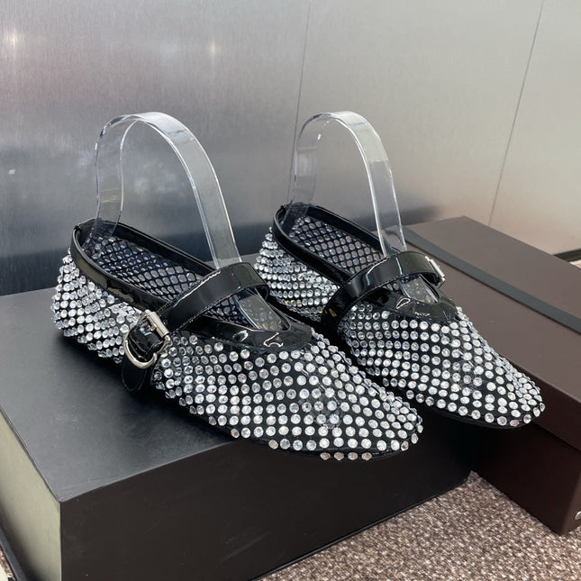 ALAIA MARY JANE FLAT 25S IN BLACK LAMBSKIN EMBELLISHED WITH CRYSTALS