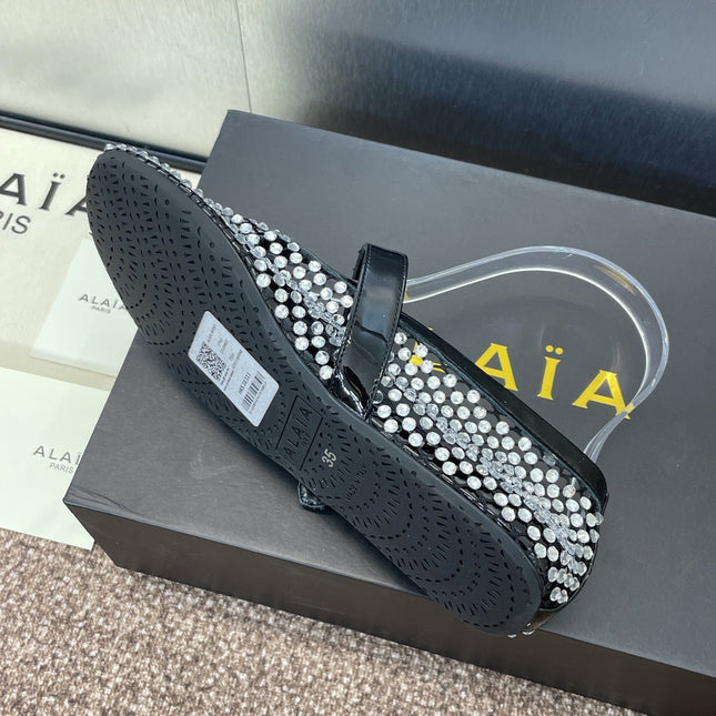 ALAIA MARY JANE FLAT 25S IN BLACK LAMBSKIN EMBELLISHED WITH CRYSTALS