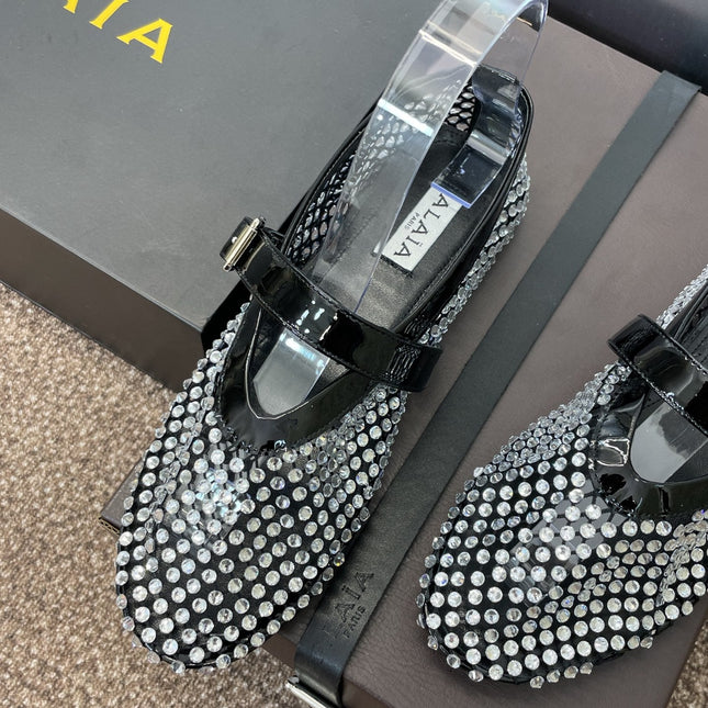 ALAIA MARY JANE FLAT 25S IN BLACK LAMBSKIN EMBELLISHED WITH CRYSTALS