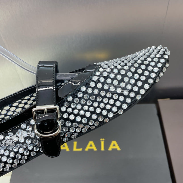 ALAIA MARY JANE FLAT 25S IN BLACK LAMBSKIN EMBELLISHED WITH CRYSTALS