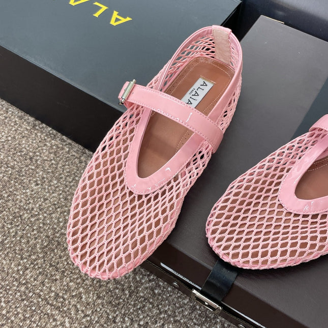ALAIA MARY JANE FLAT 25S IN LIGHT PINK MESH CALFSKIN