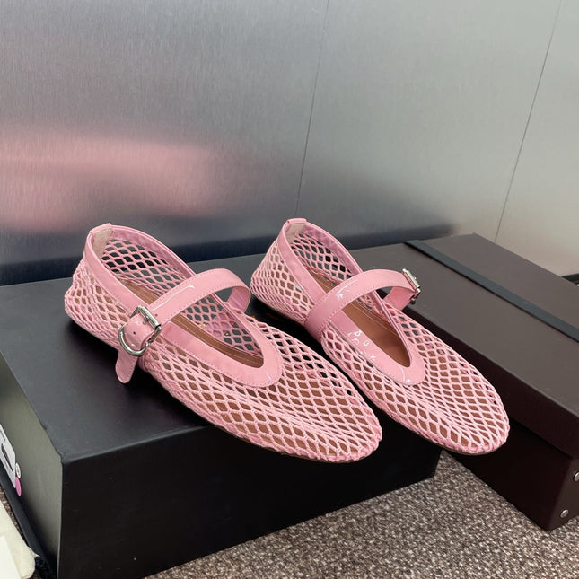 ALAIA MARY JANE FLAT 25S IN LIGHT PINK MESH CALFSKIN
