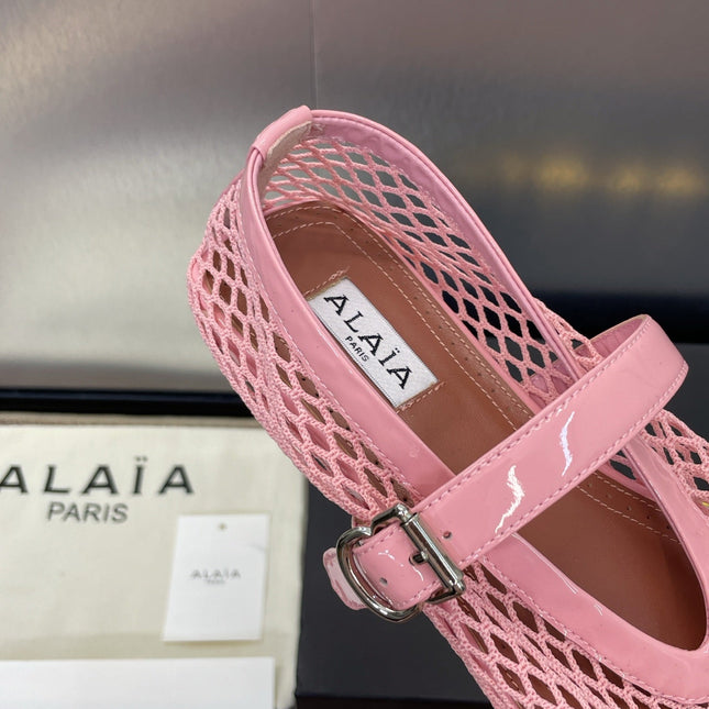 ALAIA MARY JANE FLAT 25S IN LIGHT PINK MESH CALFSKIN