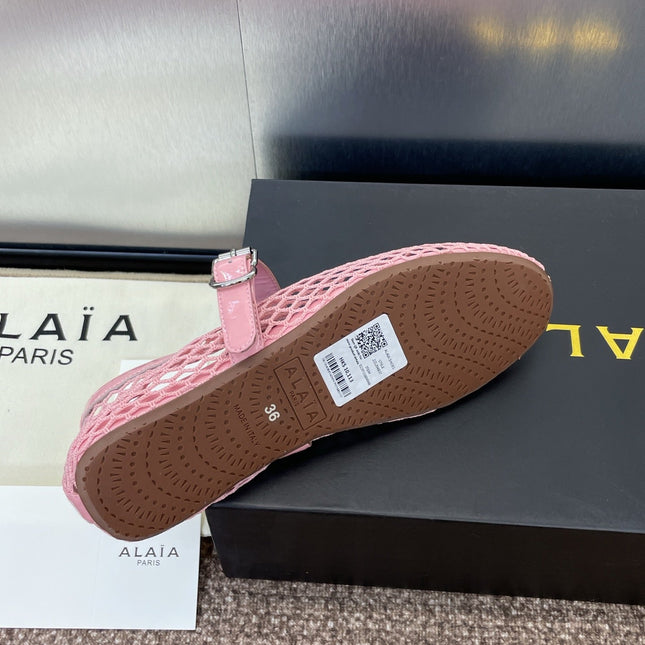 ALAIA MARY JANE FLAT 25S IN LIGHT PINK MESH CALFSKIN